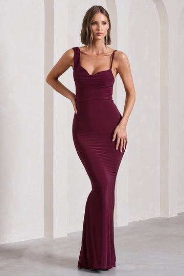 Phantasy Burgundy Asymmetric Neckline Cowl Maxi Dress